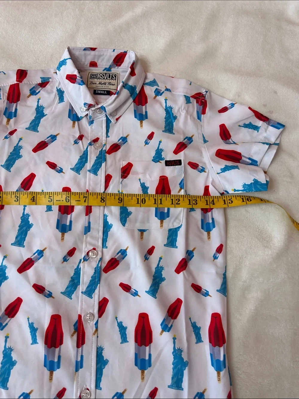 RSVLTS White Short-Sleeve Button-Down with Red & Blue Popsicle and Statue Print